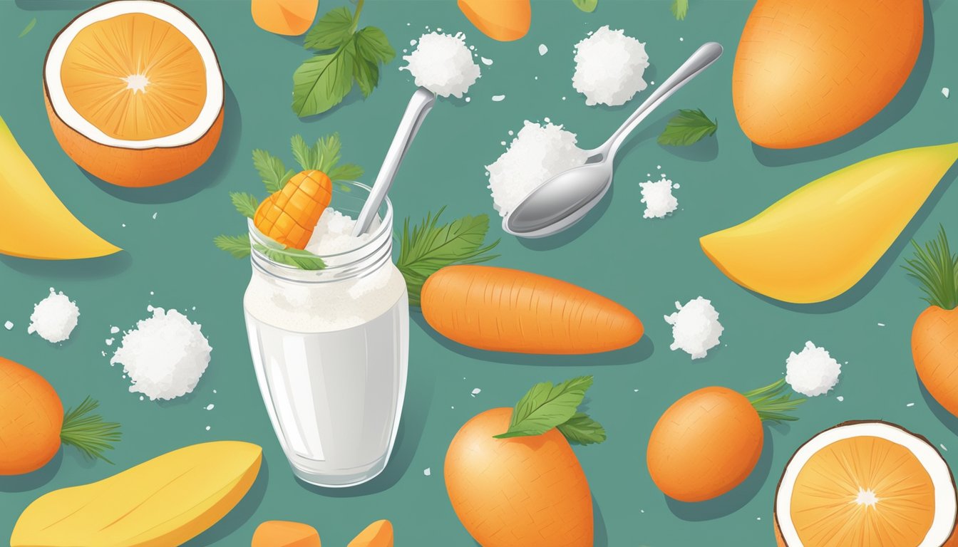 A spoon surrounded by a carrot, mango, and coconut, ready to be blended into a smoothie