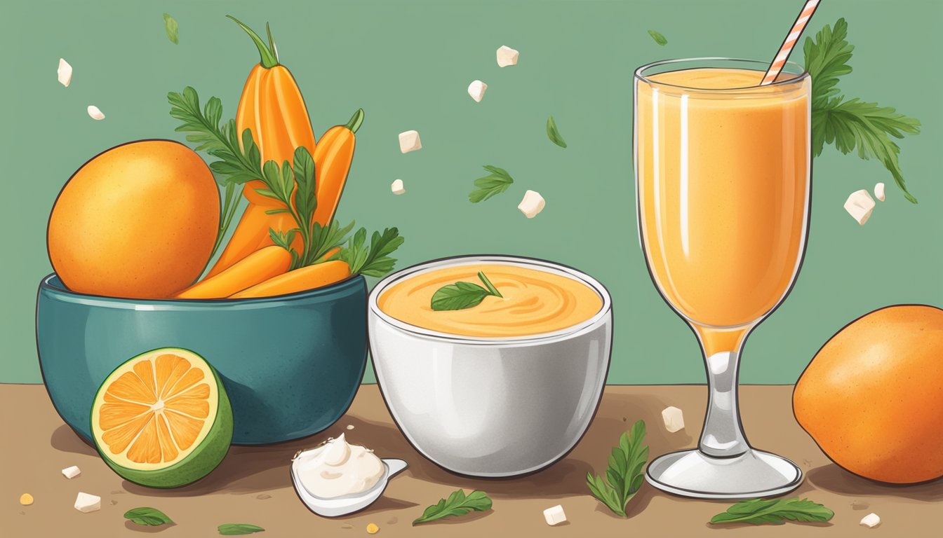 A glass of carrot mango coconut smoothie with a small spoon and ingredients scattered around