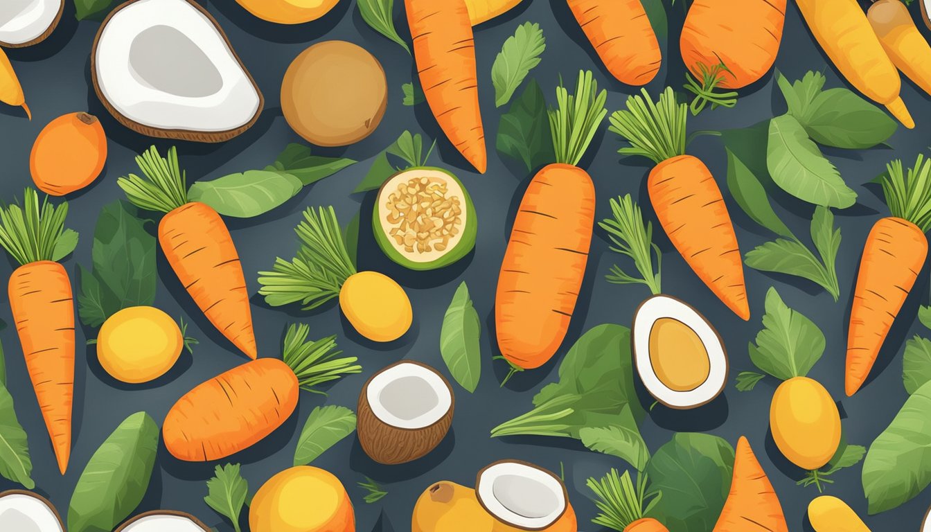 A vibrant array of fresh carrots, ripe mangoes, and coconuts arranged on a kitchen counter, ready to be blended into a delicious little spoon smoothie