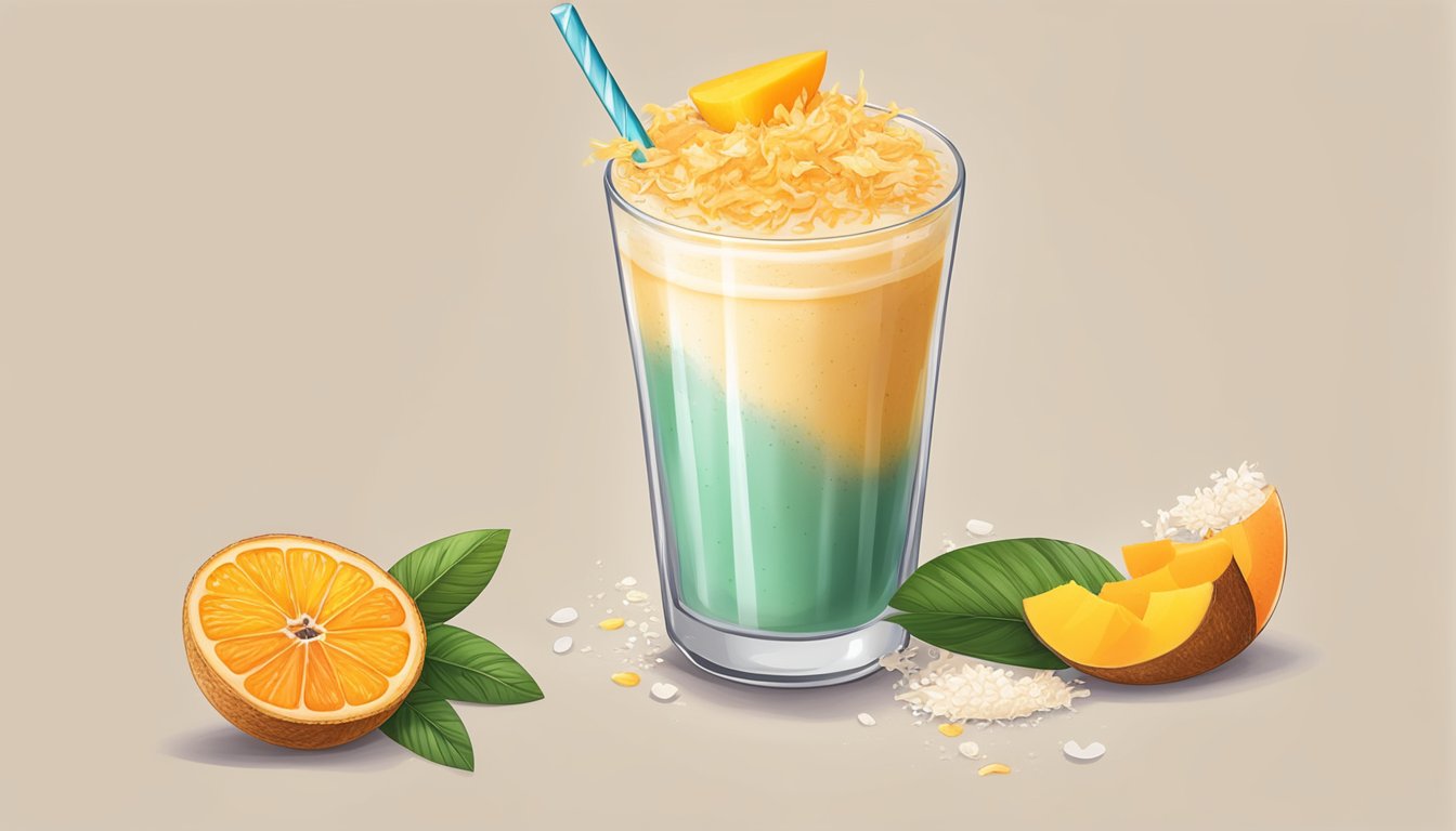 A glass filled with a creamy orange smoothie topped with coconut flakes, a carrot and a slice of mango on the rim