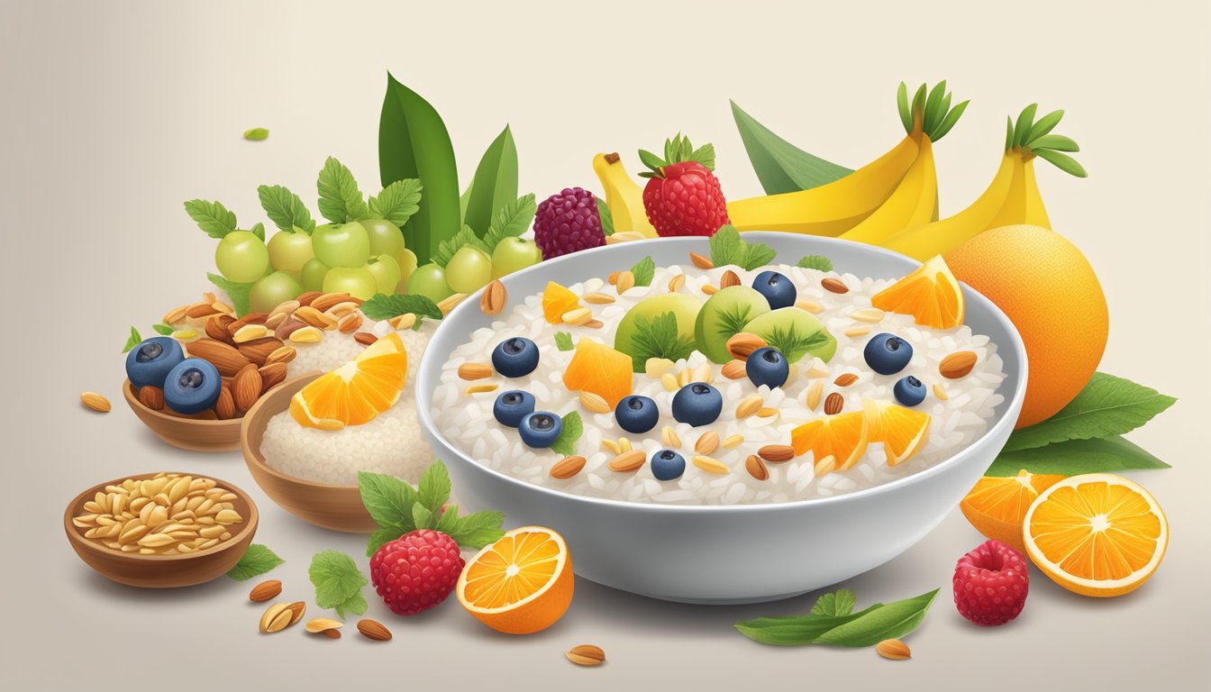 A bowl of Holle organic rice porridge surrounded by fresh, vibrant organic ingredients like fruits, grains, and nuts