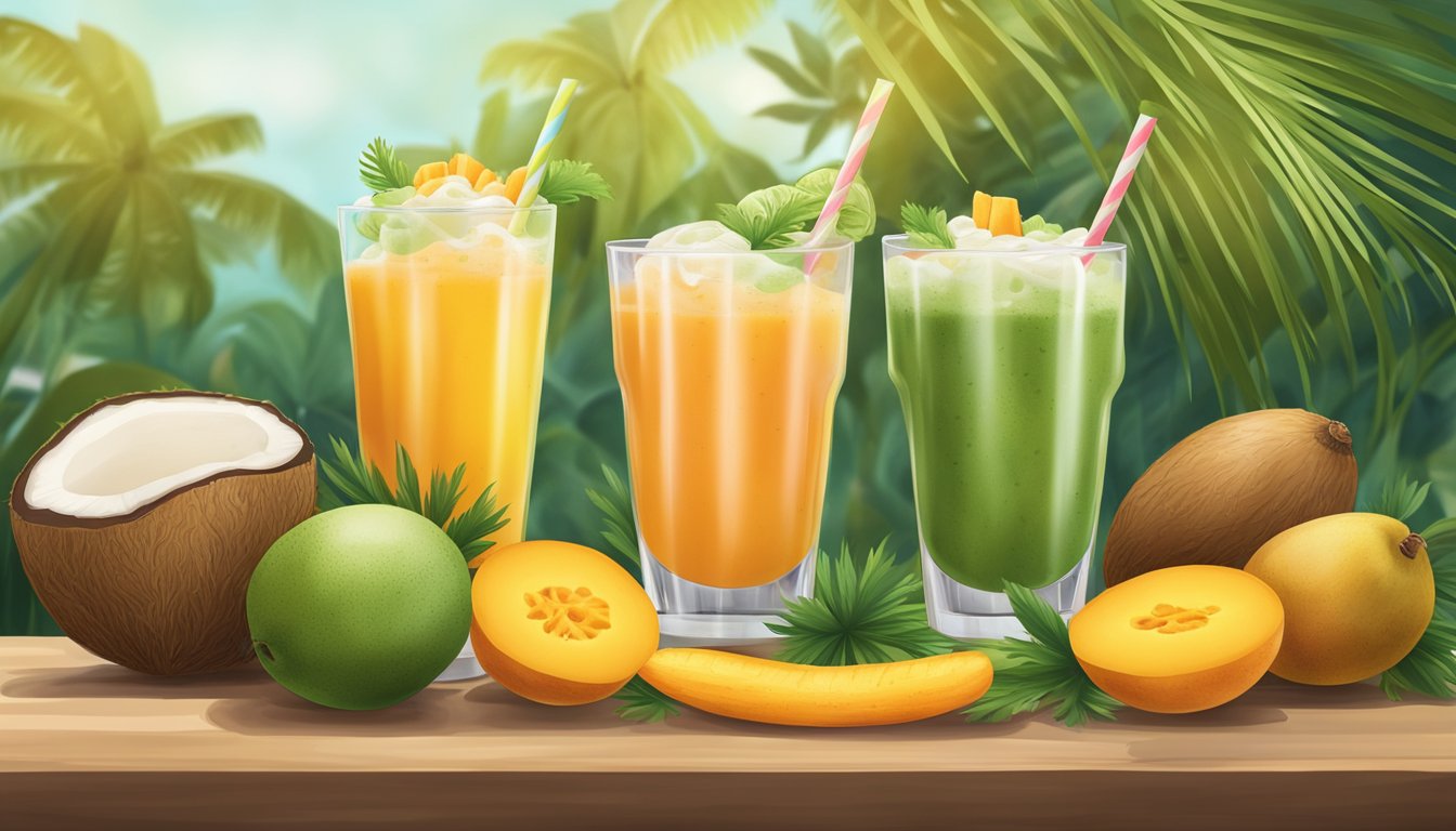 A tropical smoothie being poured into a glass, surrounded by fresh carrots, mangoes, and coconuts