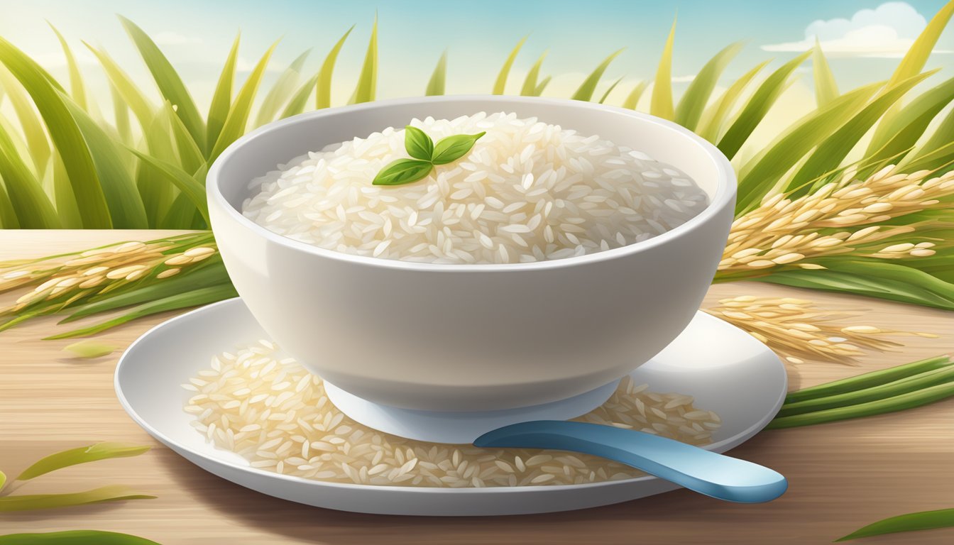 A bowl of Holle organic rice porridge surrounded by rice grains, with a spoon resting on the side