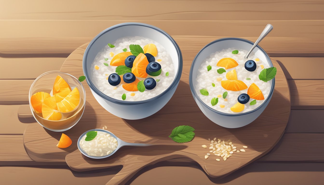 A bowl of Holle organic rice porridge surrounded by fresh fruits and a glass of water on a wooden table