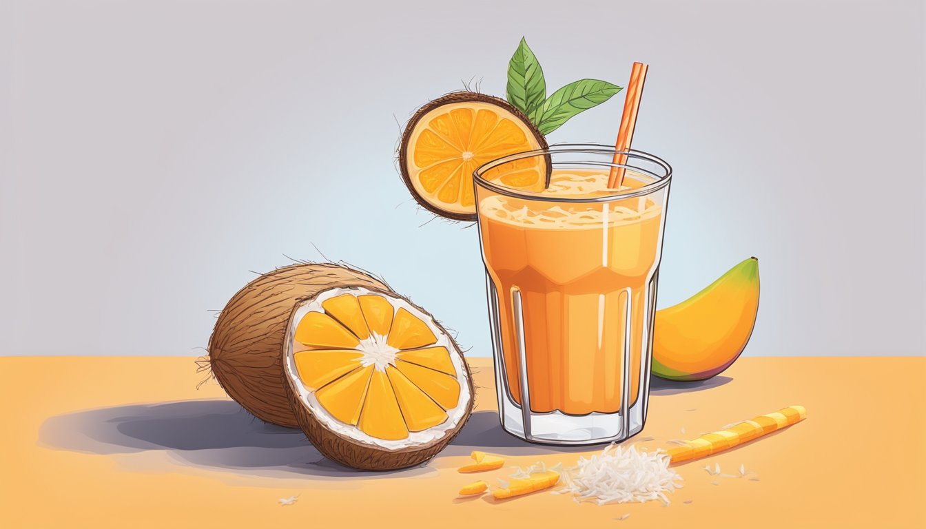 A small glass filled with a vibrant orange smoothie, topped with shredded coconut and a slice of mango on the rim. A carrot rests beside the glass