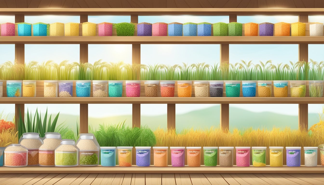 A colorful array of organic rice porridge boxes arranged on a wooden display shelf, surrounded by fresh rice grains and vibrant rice plants