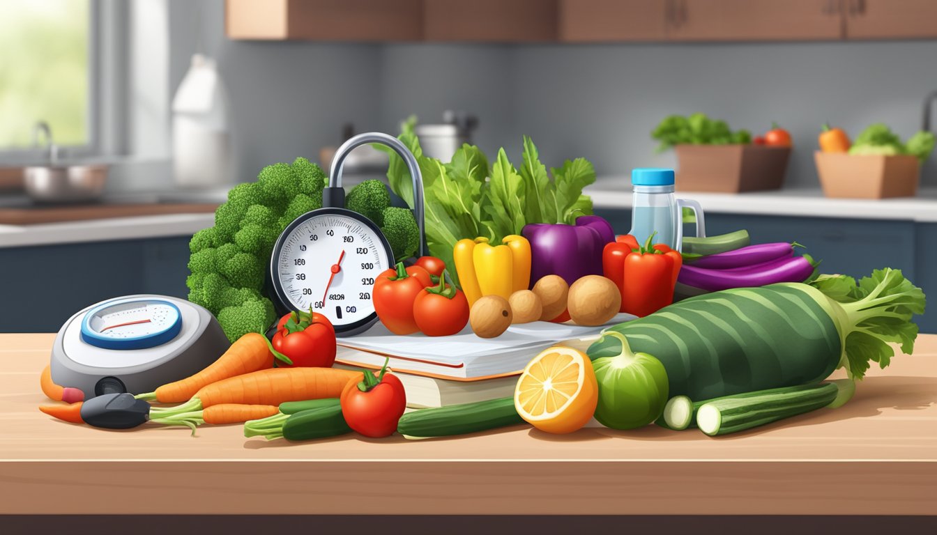 A kitchen counter with a variety of fresh, colorful vegetables and lean proteins, alongside a stack of medical books and a blood pressure monitor