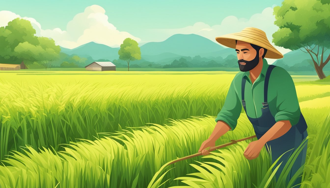 A farmer in a lush green field, harvesting ripe organic rice for porridge production