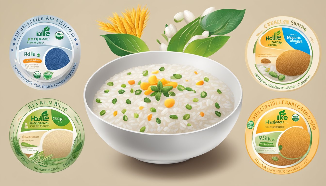 A bowl of Holle organic rice porridge surrounded by various certifications and standards logos