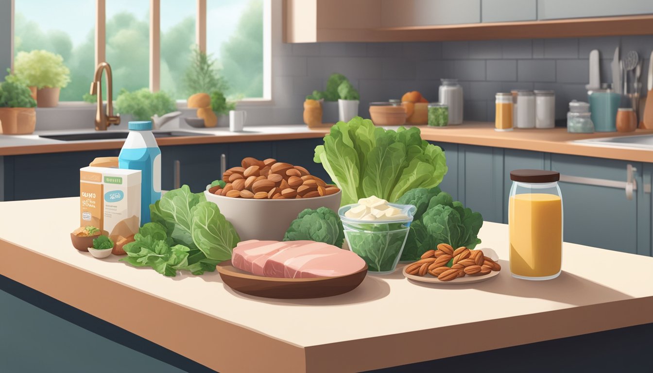 A kitchen counter with a variety of keto-friendly foods, including leafy greens, dairy products, nuts, and lean meats. A calcium supplement bottle is also present