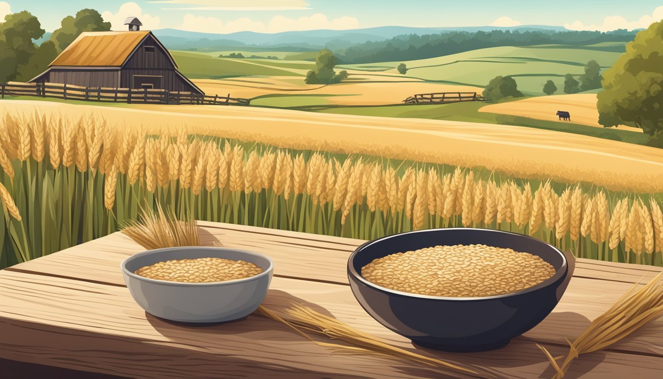 A peaceful farm scene with fields of spelt and a bowl of Holle organic spelt porridge on a rustic wooden table