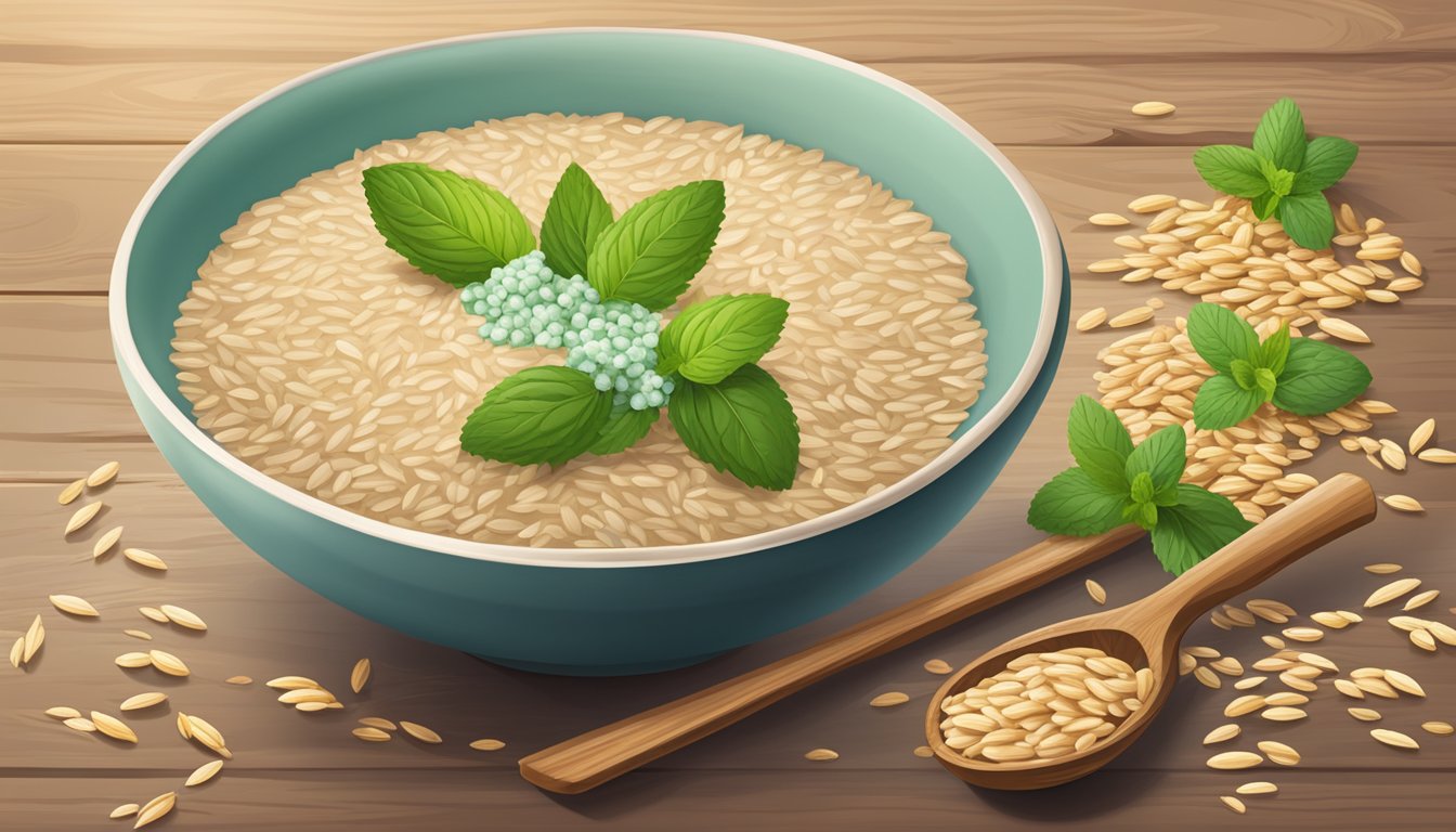 A bowl of Holle organic spelt porridge surrounded by fresh spelt grains and a sprig of green mint on a wooden table