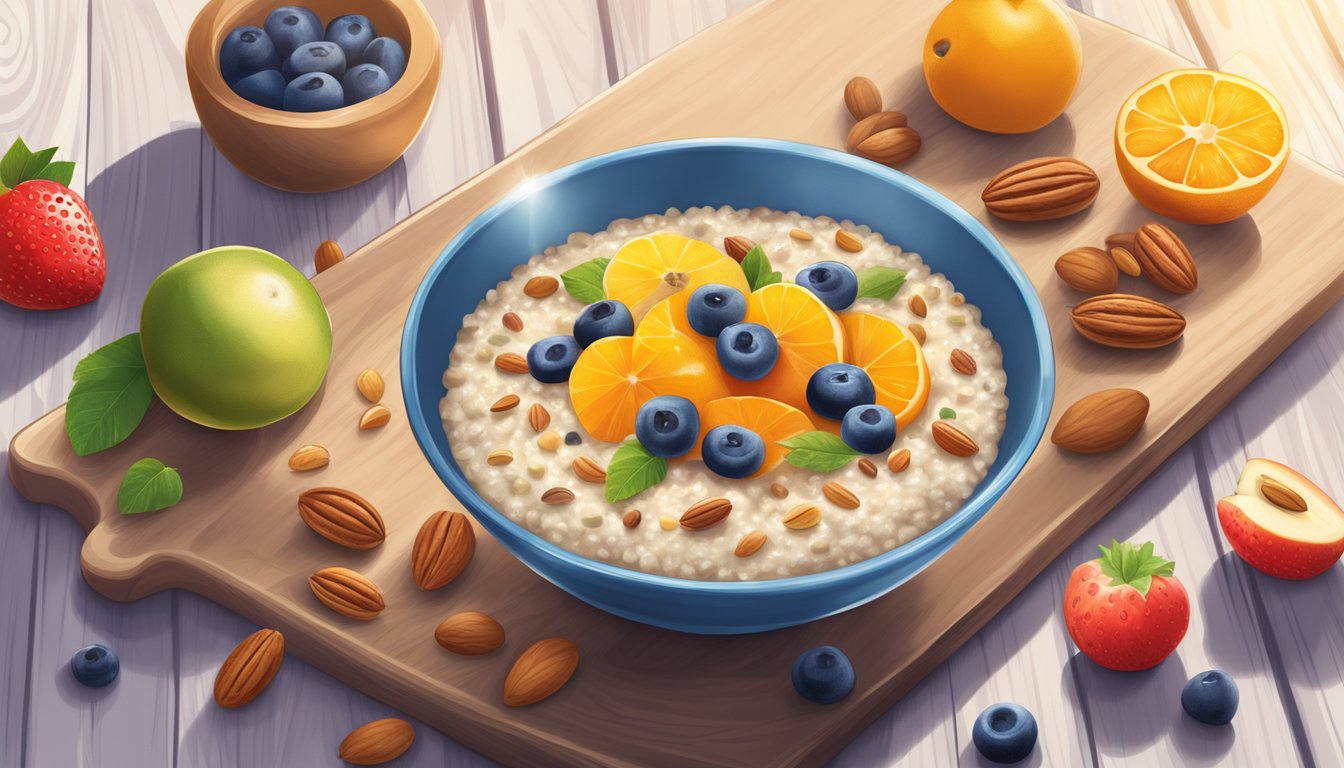 A bowl of Holle organic 3 grain porridge surrounded by fresh fruits and nuts on a wooden table. Sunlight streaming in through a nearby window