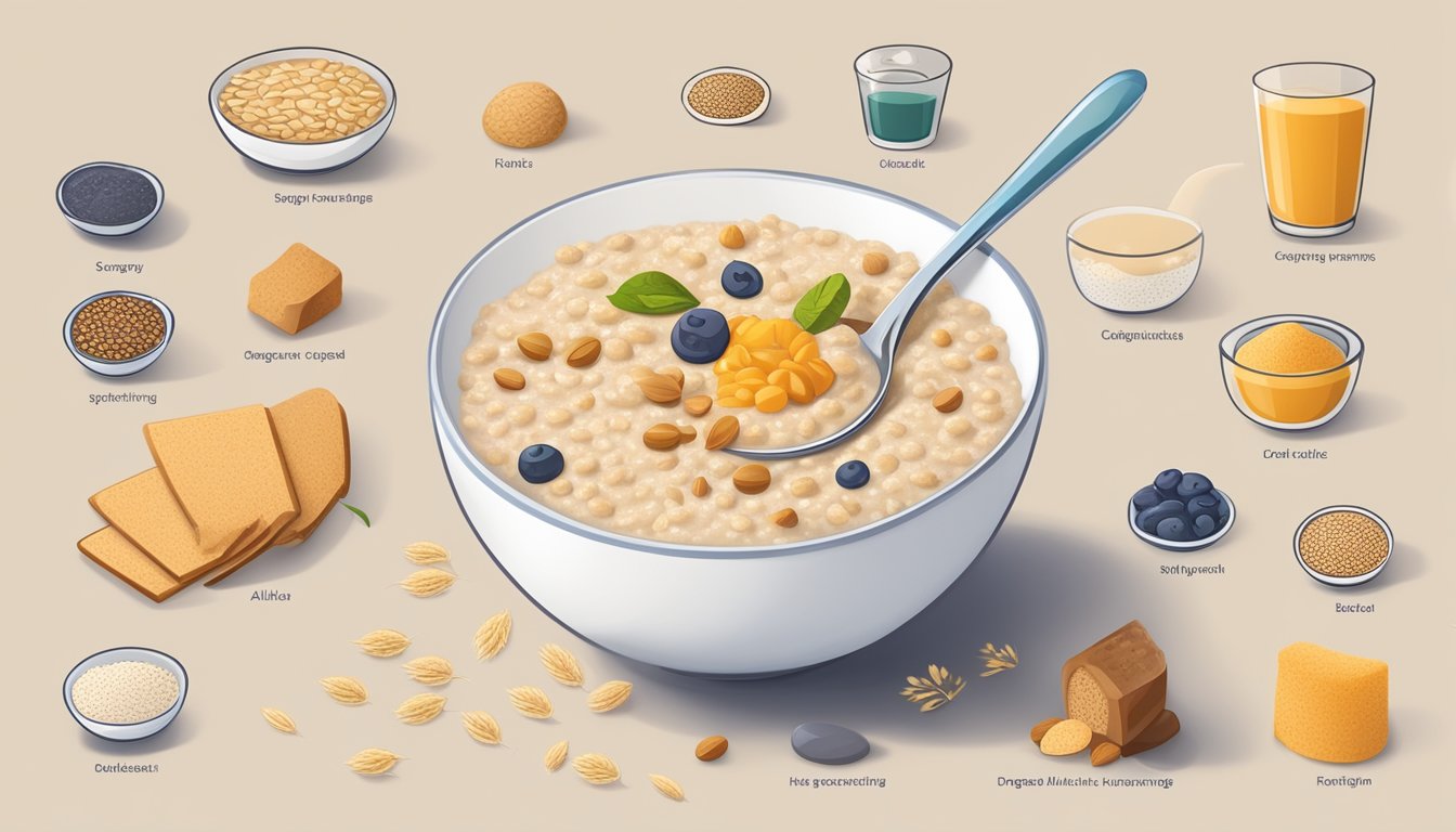 A bowl of Holle organic spelt porridge with a spoon, surrounded by icons representing various dietary considerations and allergen information