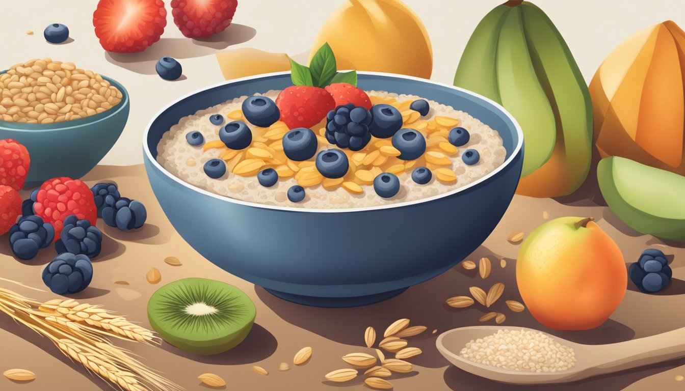 A bowl of Kabrita organic multigrain porridge surrounded by a variety of whole grains and a sprig of fresh fruit