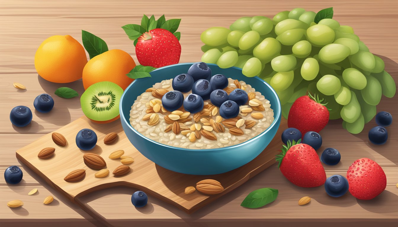 A bowl of Kabrita organic multigrain porridge surrounded by fresh fruits and nuts on a wooden table