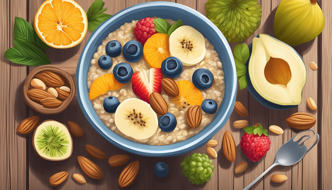 A bowl of Kabrita organic multigrain porridge surrounded by fresh fruits and nuts on a wooden table