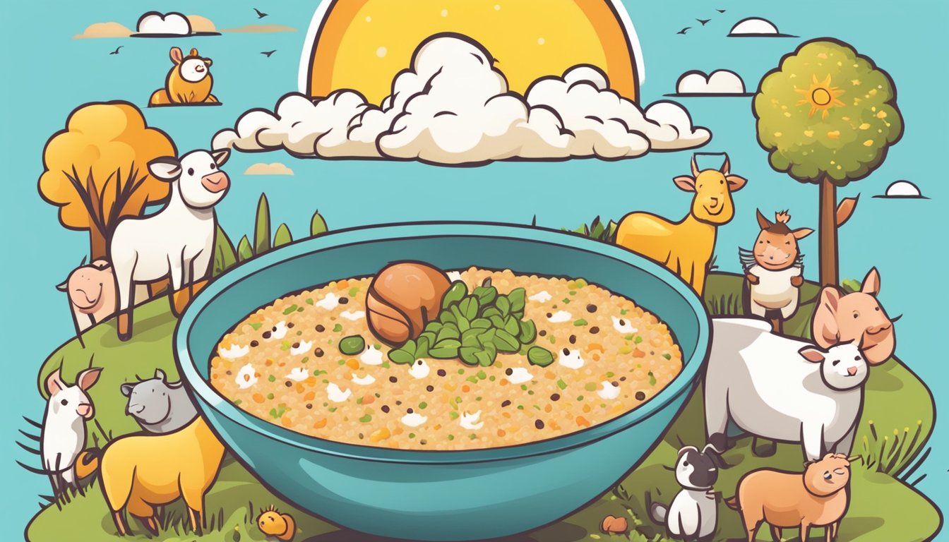 A colorful bowl of Kabrita organic multigrain porridge surrounded by farm animals and a smiling sun