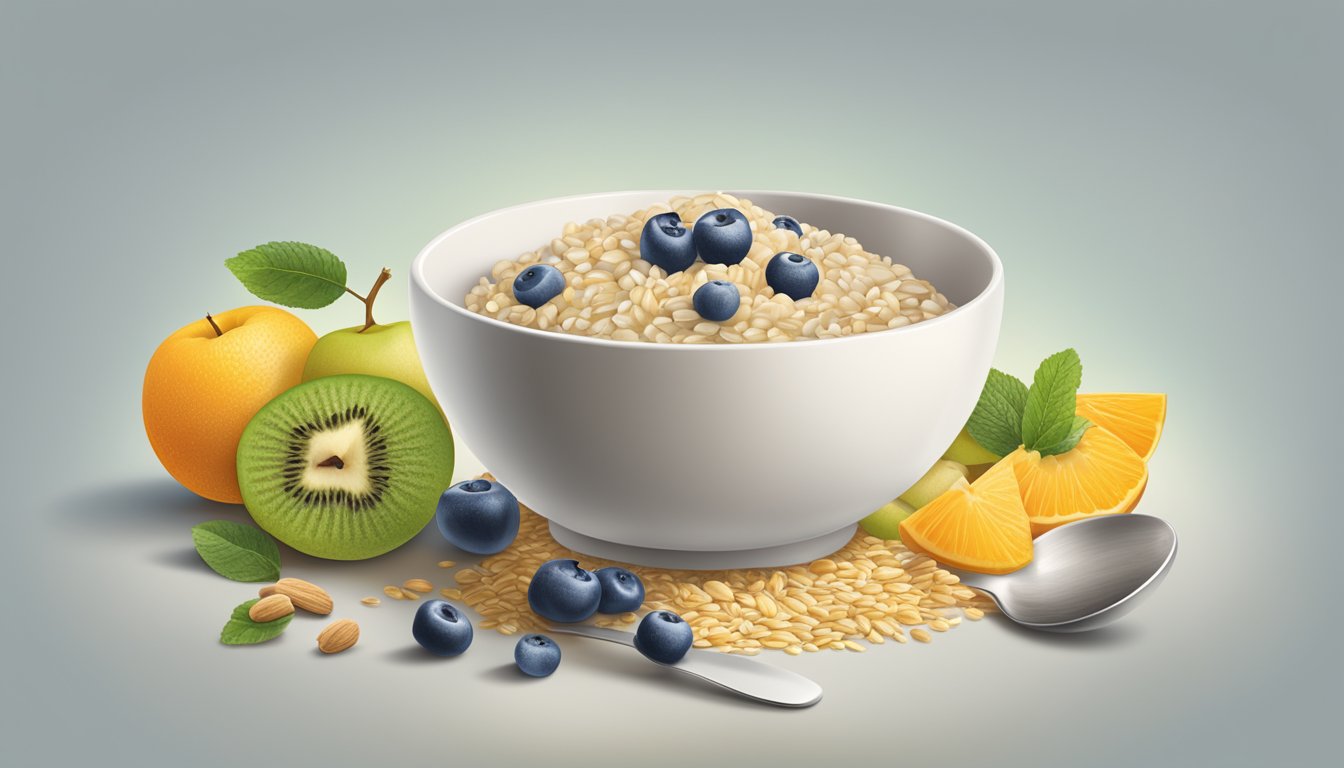 A bowl of Holle organic 3 grain porridge surrounded by a variety of grains and fruits, with a spoon resting on the side