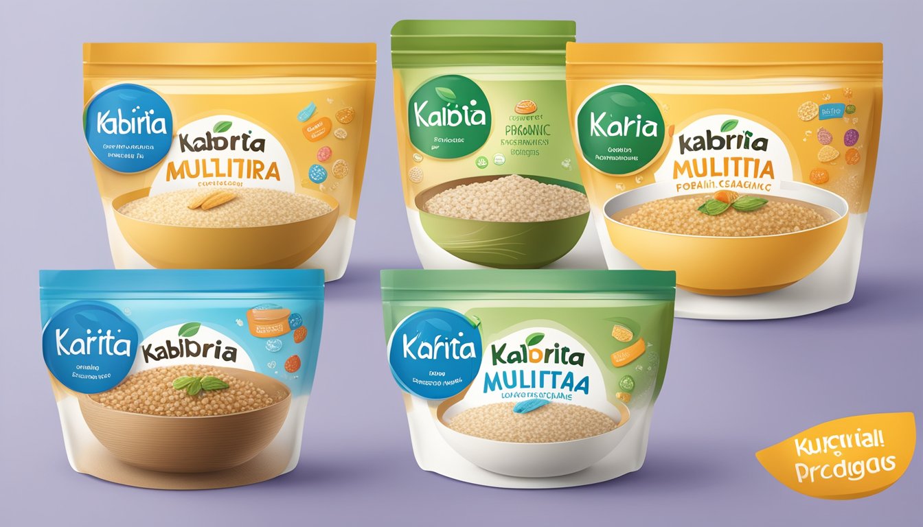 A bowl of Kabrita organic multigrain porridge surrounded by various other toddler formulas, with colorful packaging and different textures