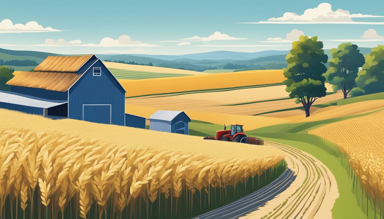 A serene countryside landscape with rolling hills, a small farm, and fields of organic grains being harvested under a clear blue sky