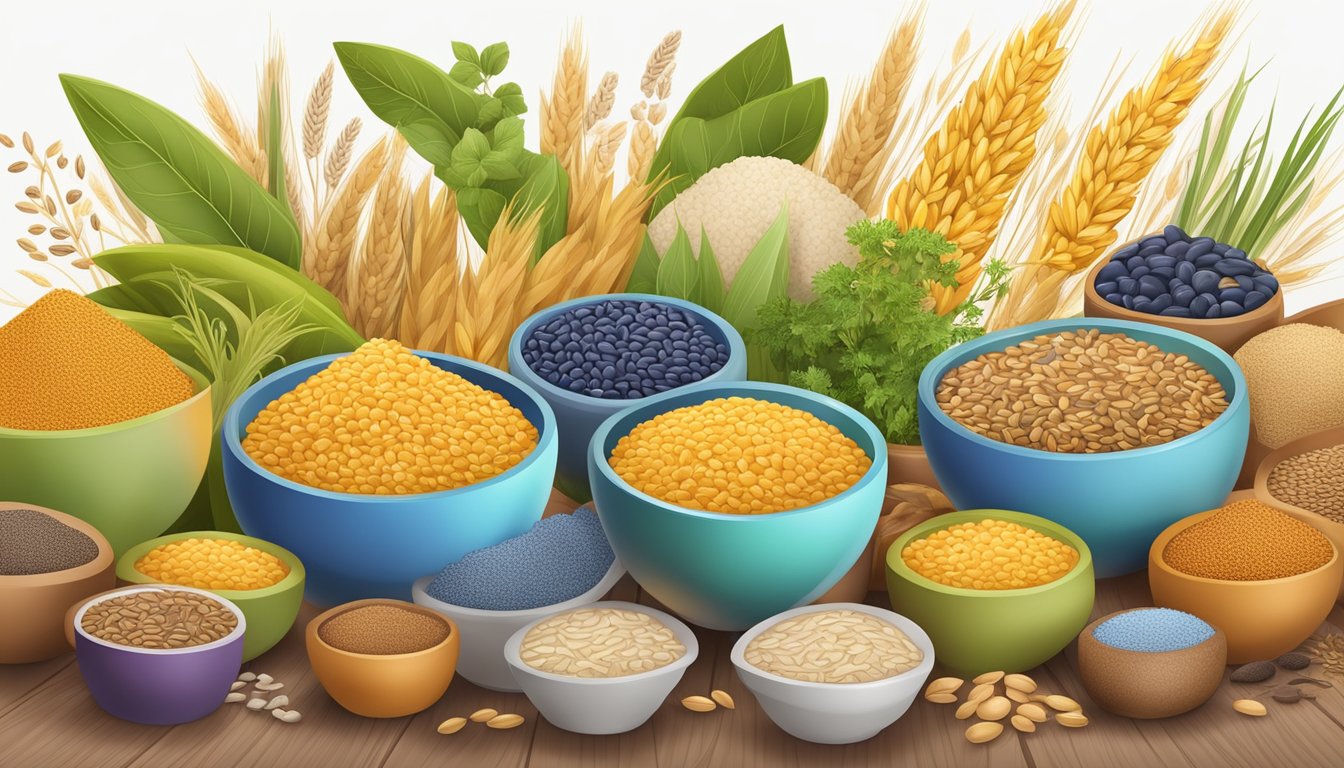 A colorful array of organic grains and ingredients, surrounded by symbols of safety and quality standards