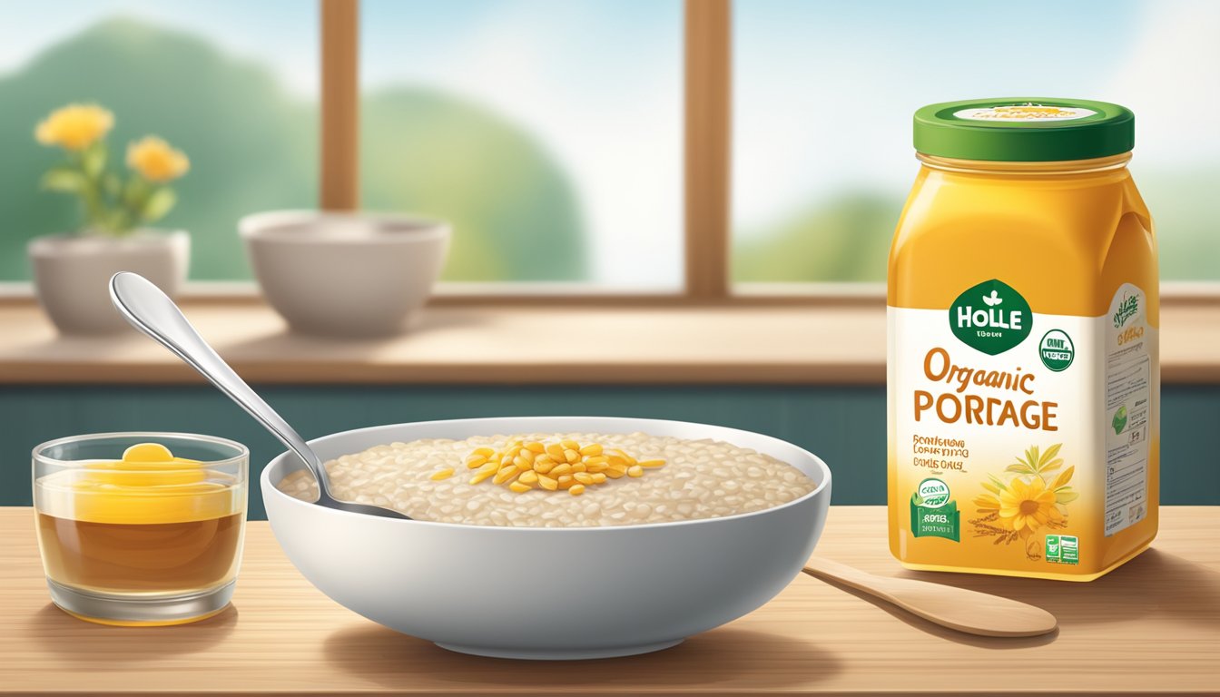 A bowl of Holle organic 3 grain porridge with a spoon beside it, placed on a wooden table with a jar of honey and a carton of milk in the background