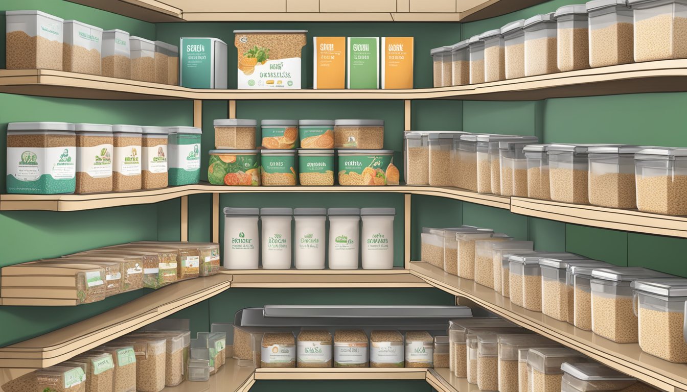 A cozy kitchen with shelves stocked with Kabrita organic multigrain porridge boxes. A price tag displayed next to the product