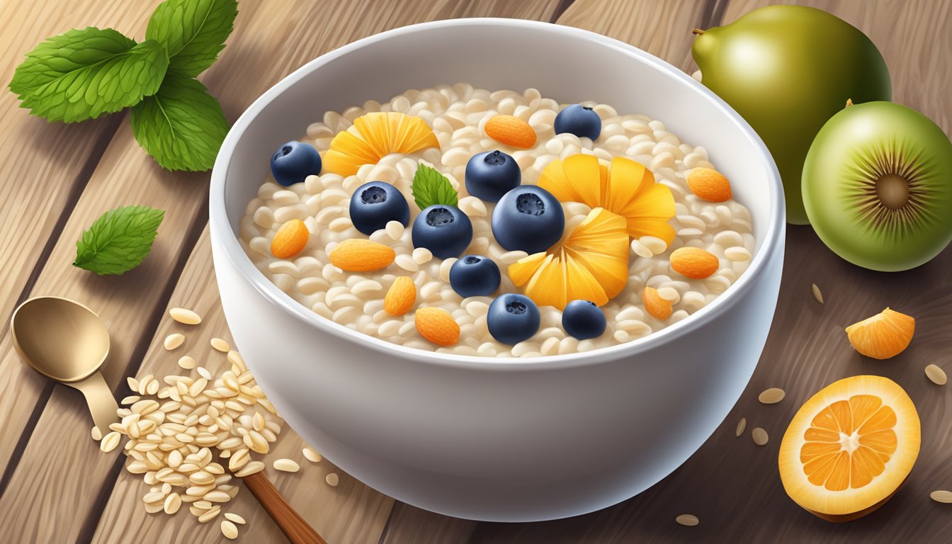 A bowl of Holle organic 3 grain porridge surrounded by fresh fruits and a spoon on a wooden table