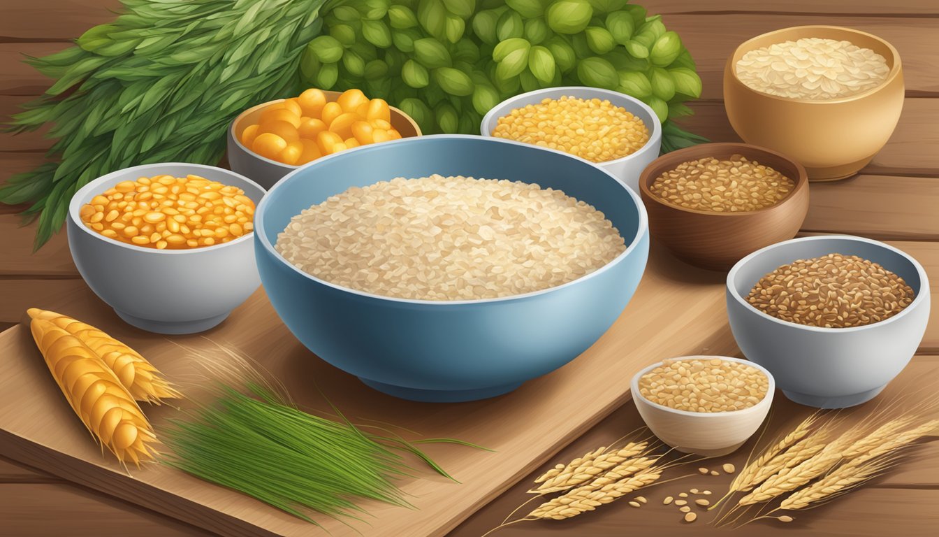 A bowl of Holle organic 3 grain porridge surrounded by various grains and ingredients on a wooden table