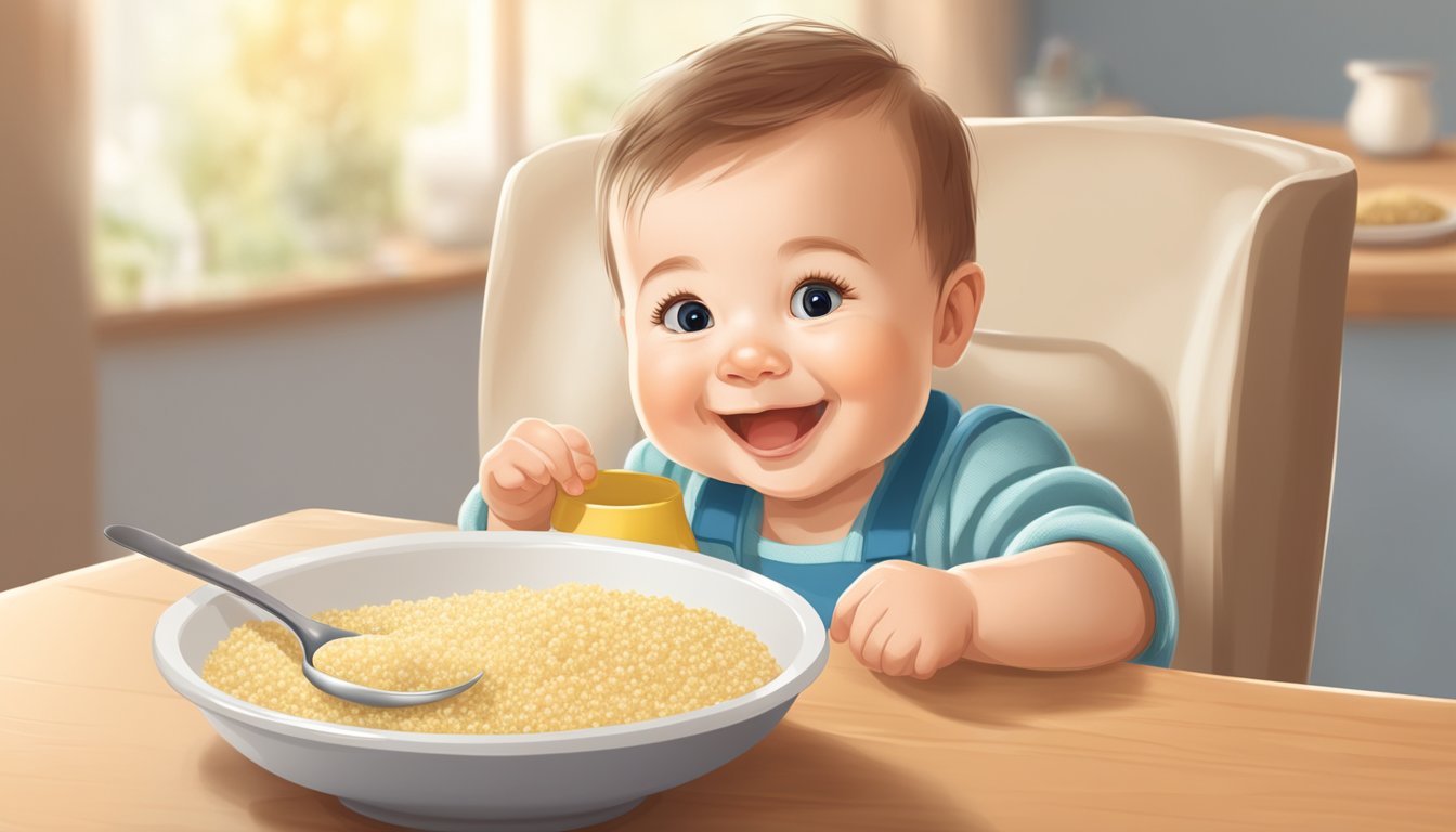 A smiling baby sits in a high chair, eagerly reaching for a bowl of Holle organic millet porridge. A spoon and a jar of the porridge sit on the table