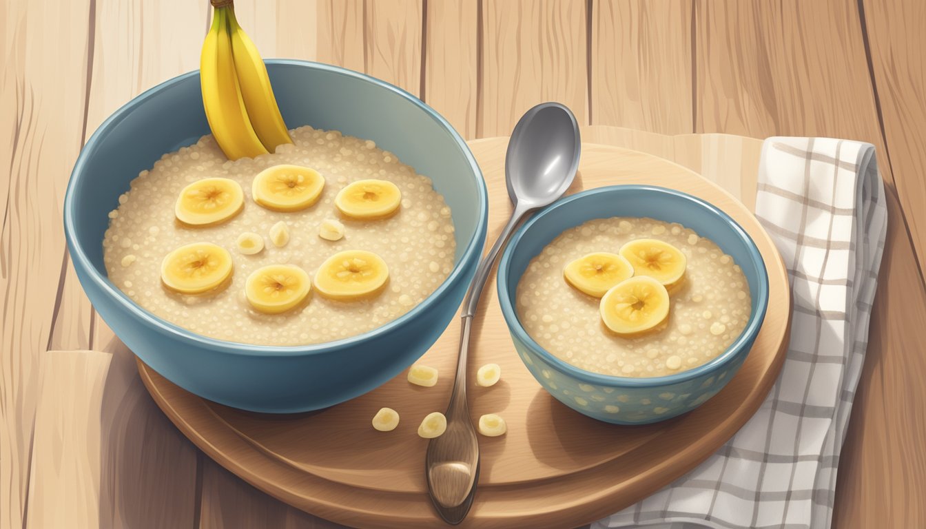 A bowl of steaming Holle organic millet porridge, topped with sliced bananas and a drizzle of honey, sits on a wooden table next to a spoon