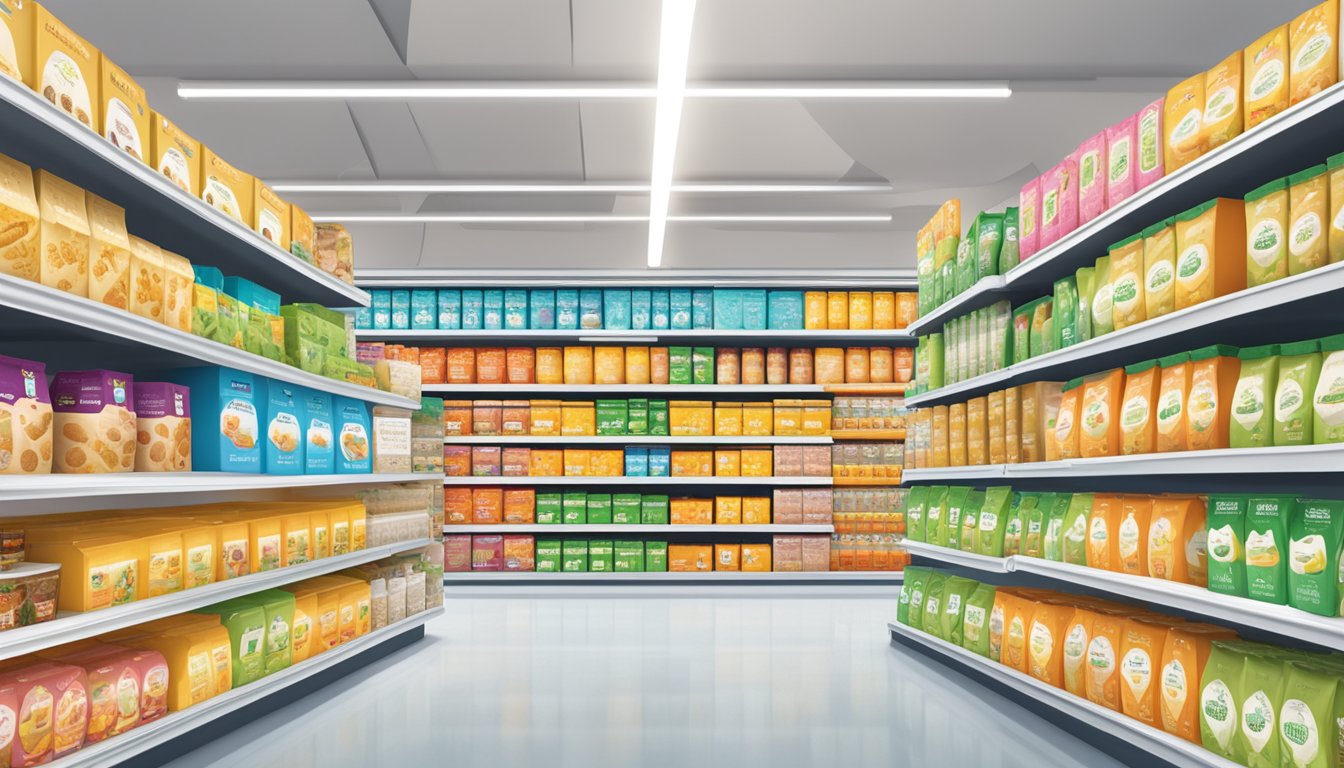 A shelf with rows of Holle organic millet porridge boxes, surrounded by other baby food products in a brightly lit grocery store aisle