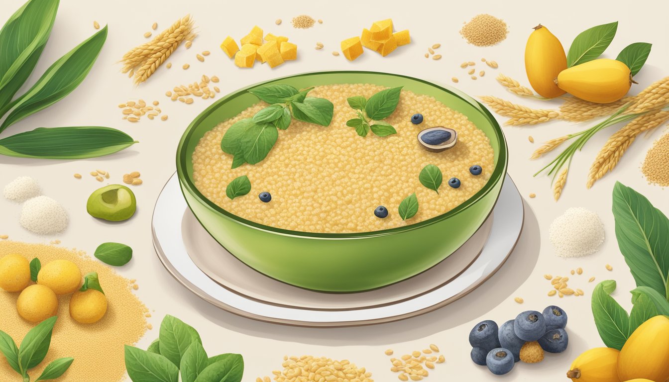 A bowl of Holle organic millet porridge surrounded by images representing the company's values: sustainability, organic ingredients, and healthy nutrition