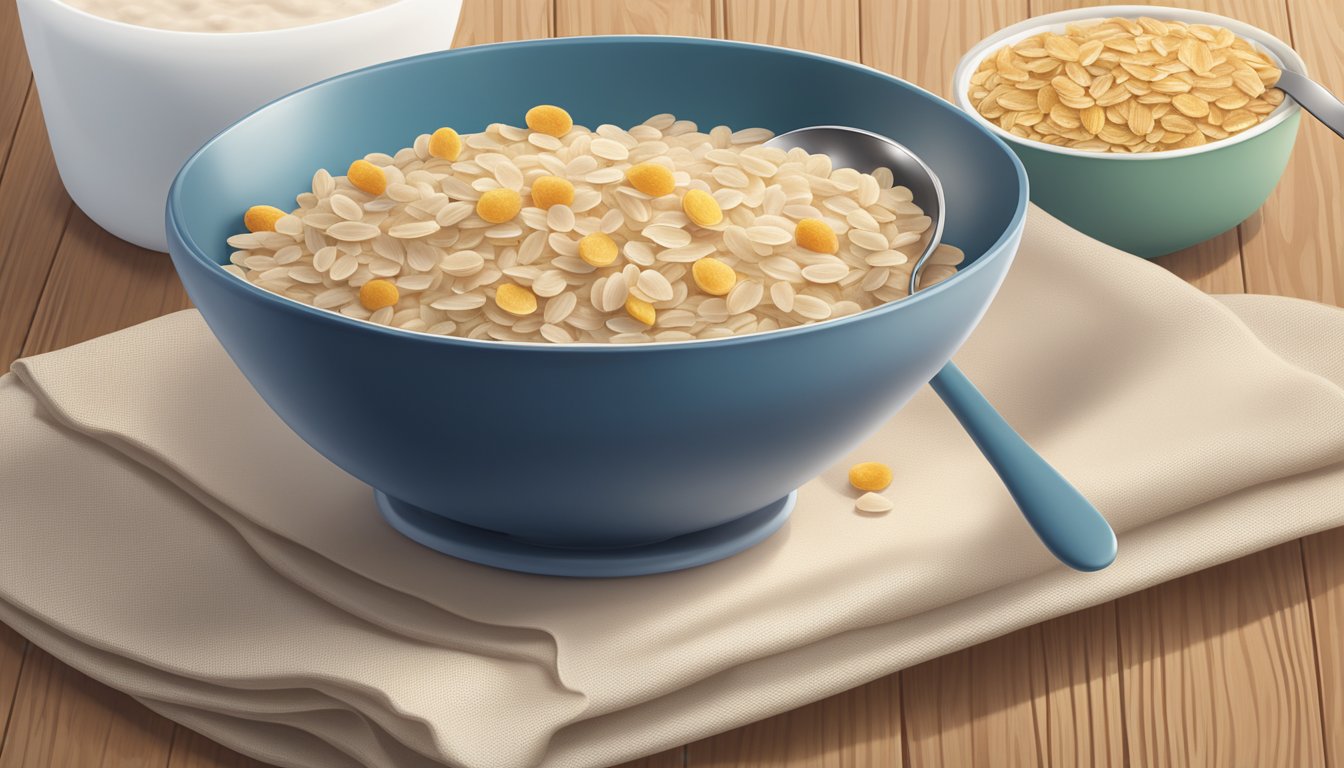 A bowl of Holle Holle organic oatmeal cereal with a spoon beside it on a wooden table