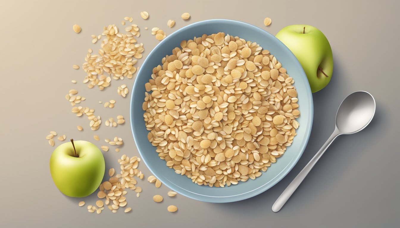 A bowl of mixed grain cereal with sliced apple, surrounded by scattered grains and a spoon