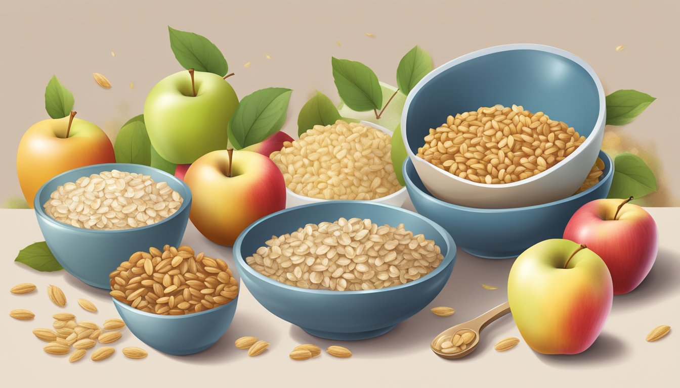 A bowl of Healthy Times organic mixed grain cereal with apple, surrounded by fresh apples and grains