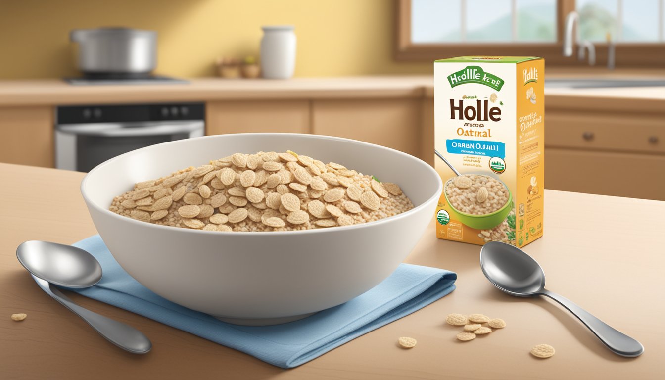 A bowl of Holle organic oatmeal cereal sits on a kitchen table, surrounded by a spoon, a milk carton, and a box of cereal