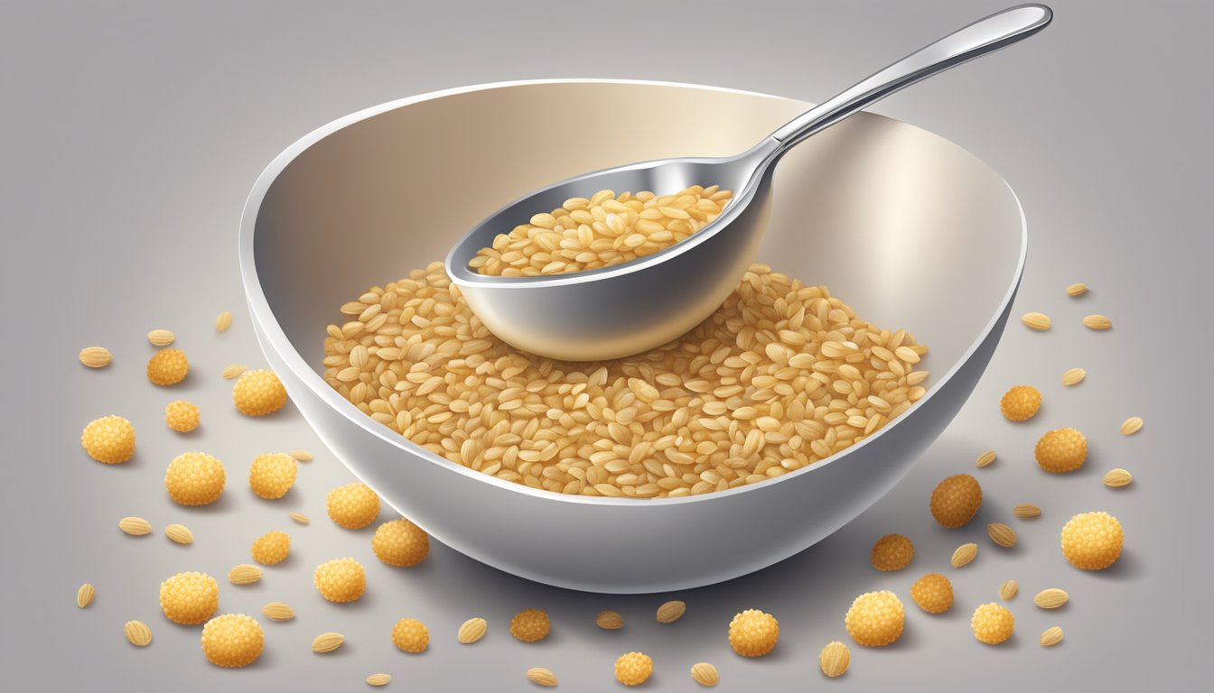 A bowl of organic mixed grain cereal with apple, surrounded by scattered grains and a spoon