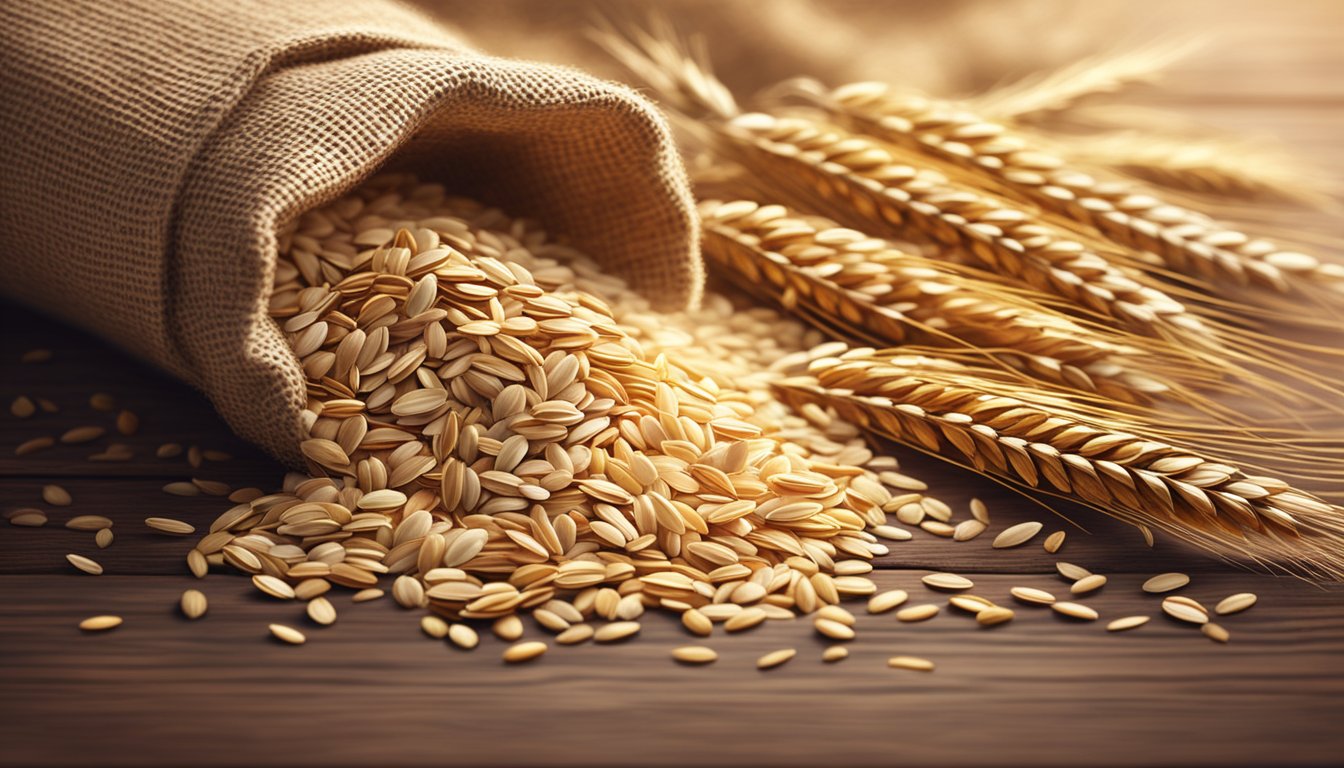 A colorful array of ripe, organic oats and grains spill from a rustic burlap sack onto a wooden tabletop. A soft, warm light illuminates the scene