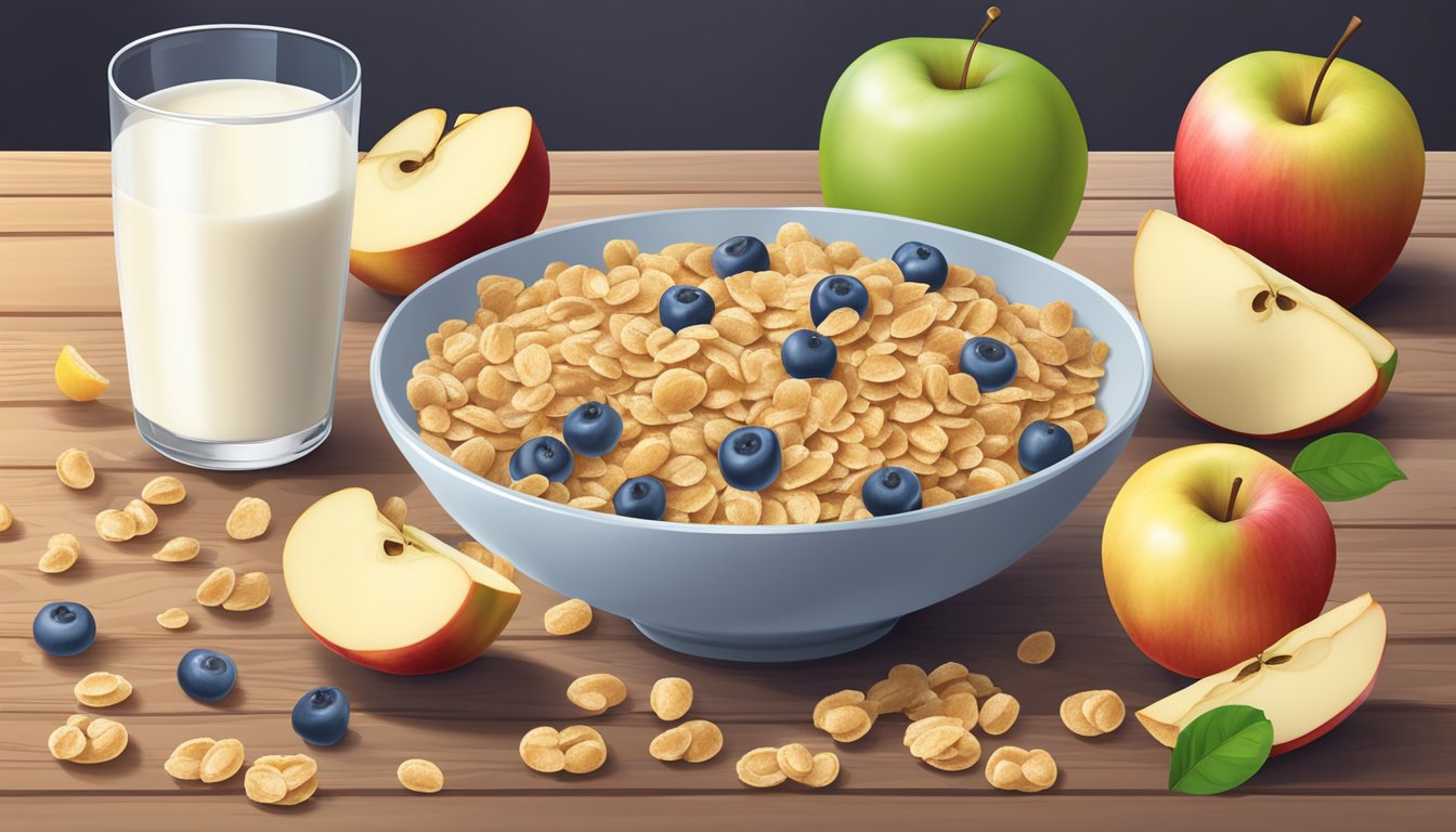 A bowl of Healthy Times organic mixed grain cereal with apple, surrounded by fresh fruit and a glass of milk on a wooden table