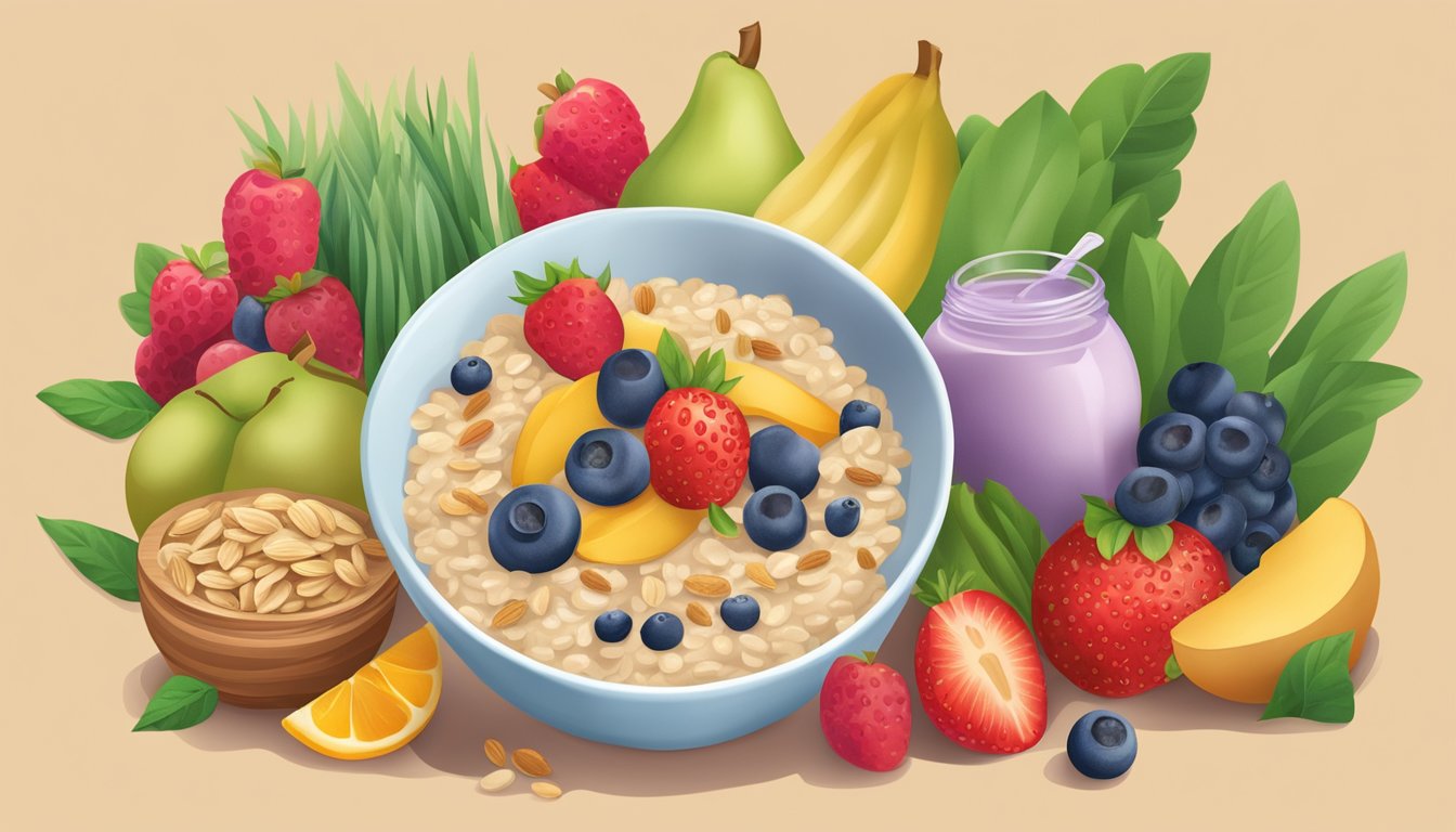 A bowl of healthy times organic oatmeal baby cereal surrounded by fresh organic ingredients like fruits and grains