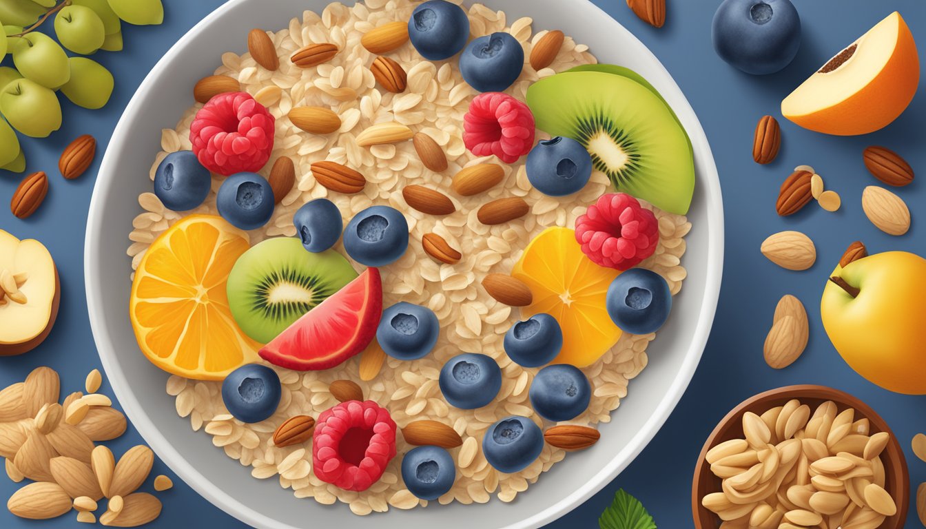 A colorful array of fruits, nuts, and grains surround a bowl of Holle organic oatmeal cereal