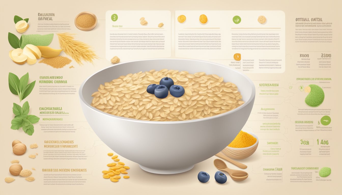 A bowl of oatmeal cereal surrounded by organic ingredients and a nutritional profile chart