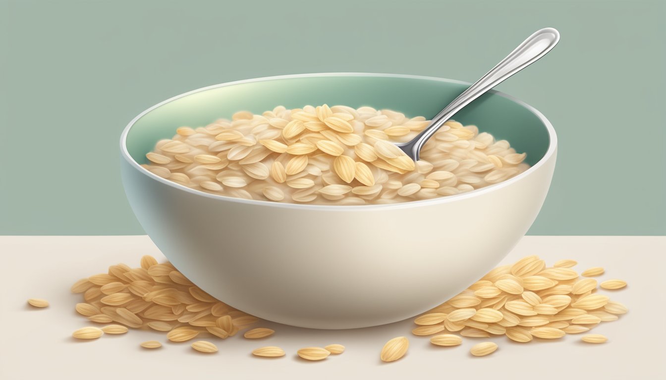 A bowl of organic oatmeal baby cereal surrounded by oats and a spoon