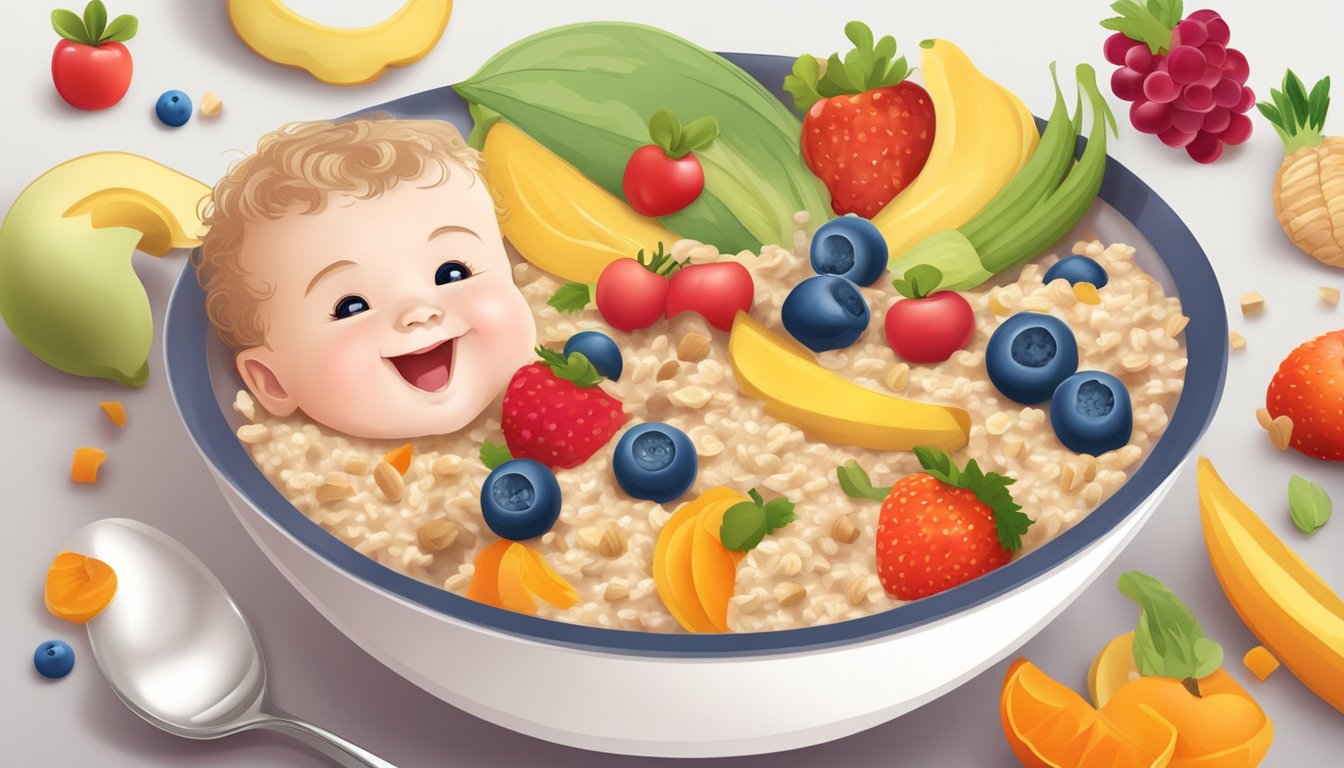 A bowl of organic oatmeal baby cereal surrounded by colorful fruits and vegetables, with a happy baby spoon ready to dig in