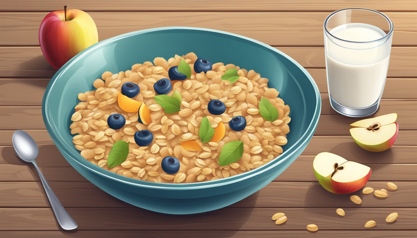 A bowl of organic mixed grain cereal with apple slices, surrounded by fresh fruits and a glass of milk on a wooden table