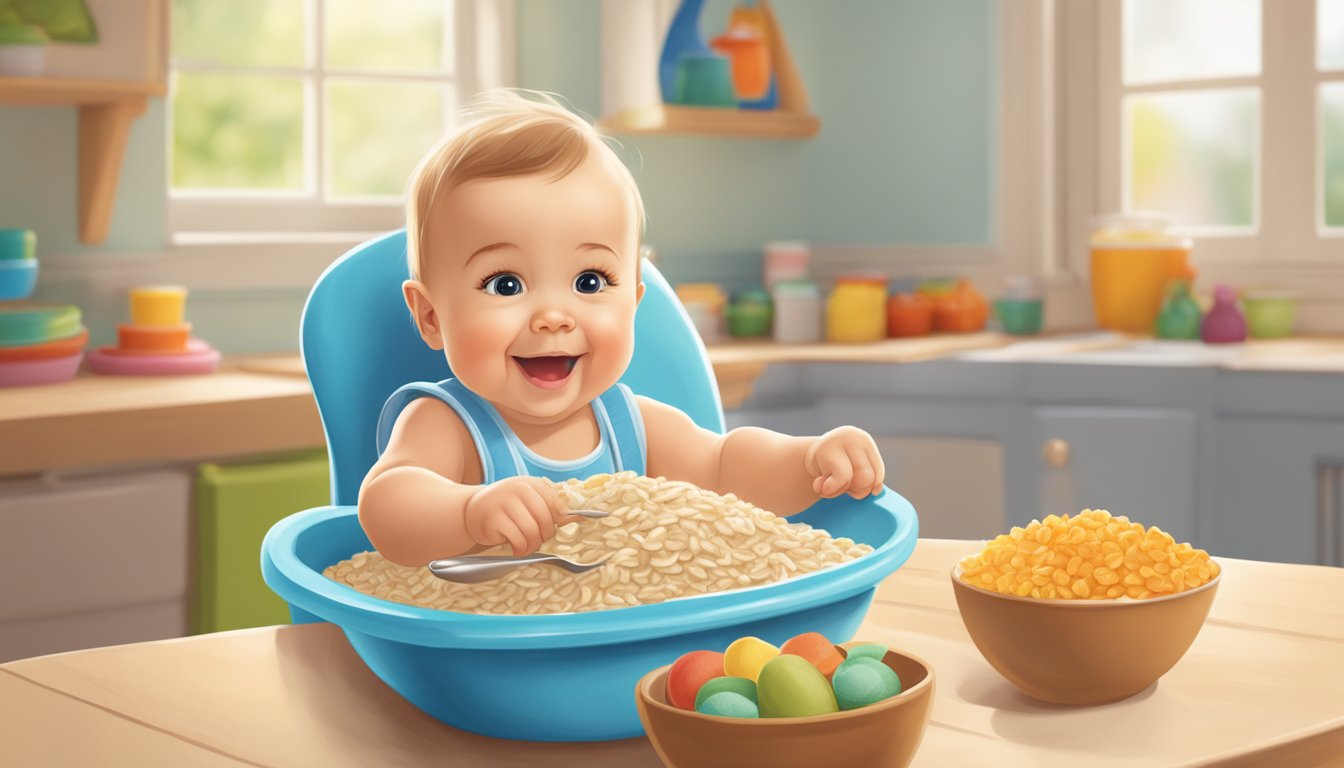 A happy baby sitting in a high chair, eagerly eating a bowl of Healthy Times organic oatmeal baby cereal. The room is filled with natural light and colorful, child-friendly decor