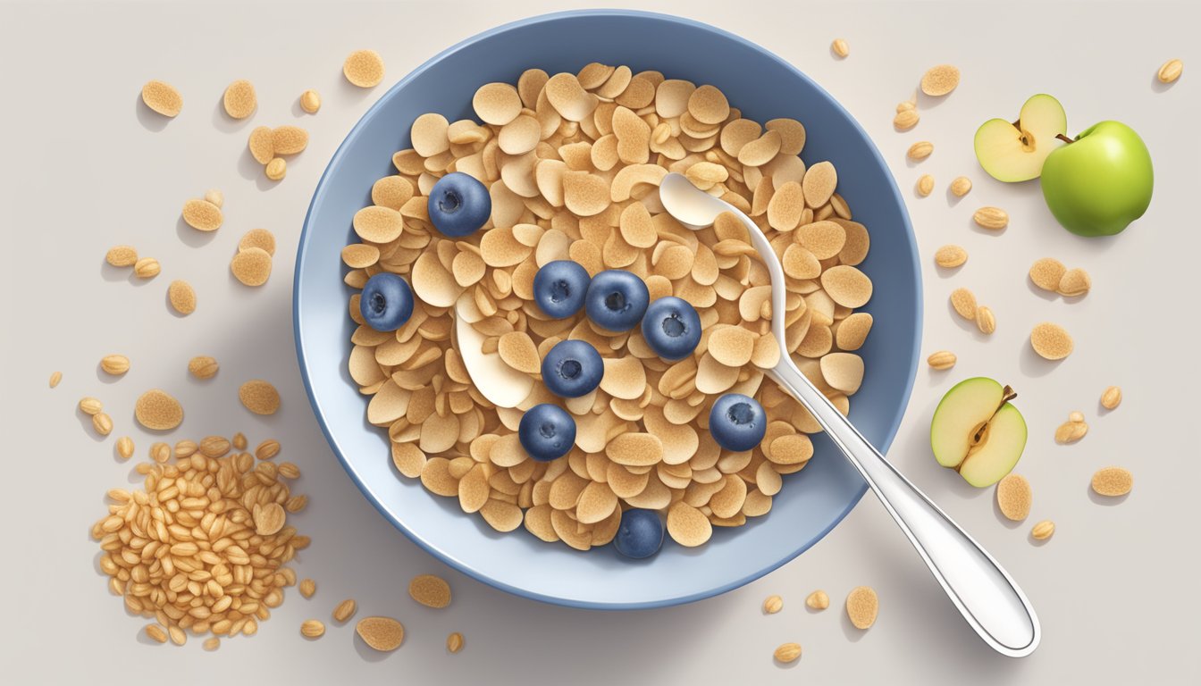 A bowl of Healthy Times organic mixed grain cereal with apple, surrounded by scattered grains and a spoon