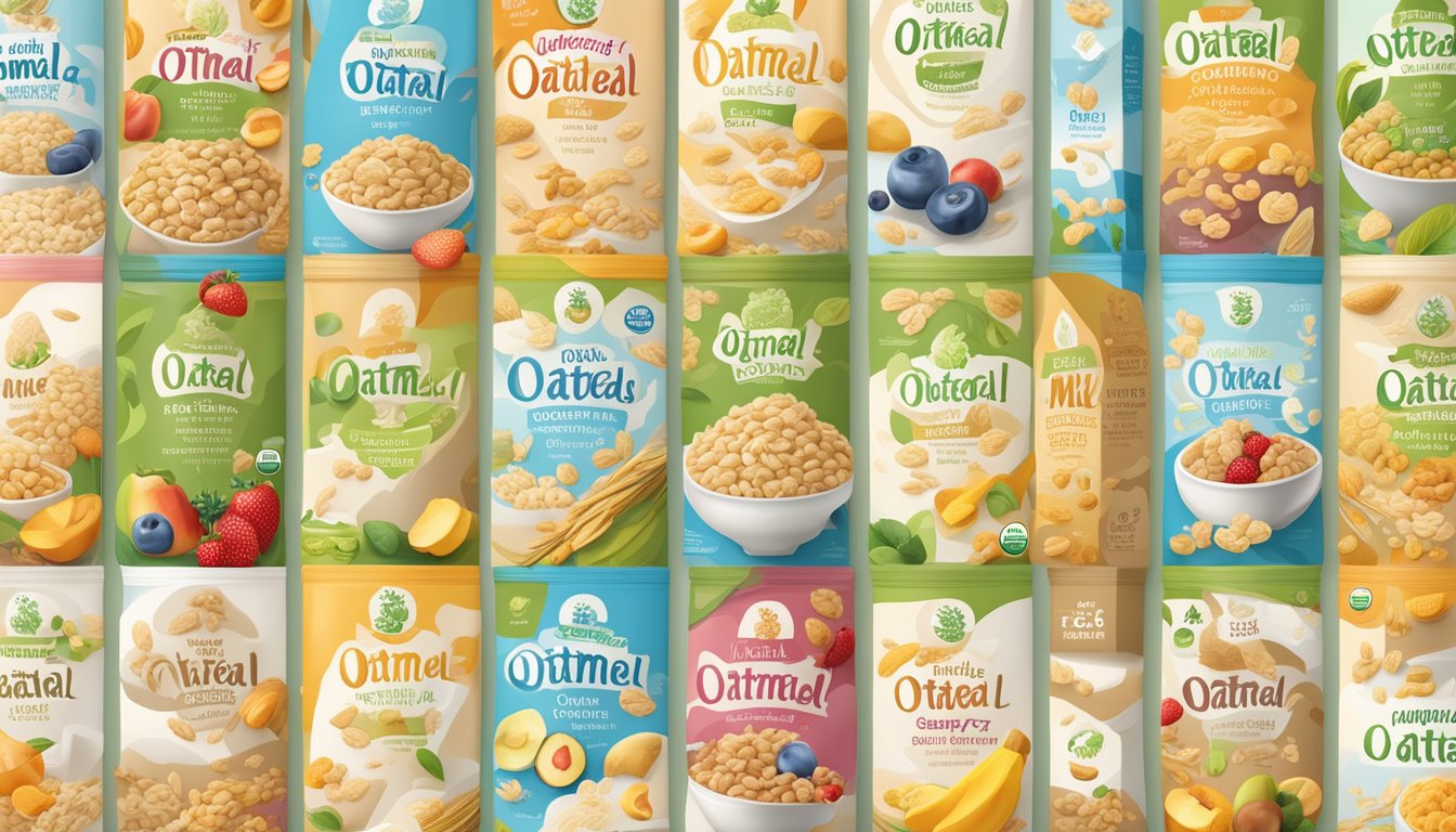 A colorful array of organic oatmeal baby cereal boxes surrounded by images of wholesome ingredients such as oats, fruits, and milk